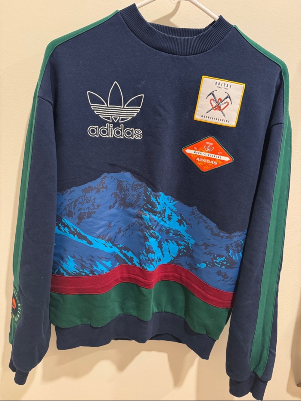 adidas Navy Crewneck Sweater with Mountain Graphic and Green Accents